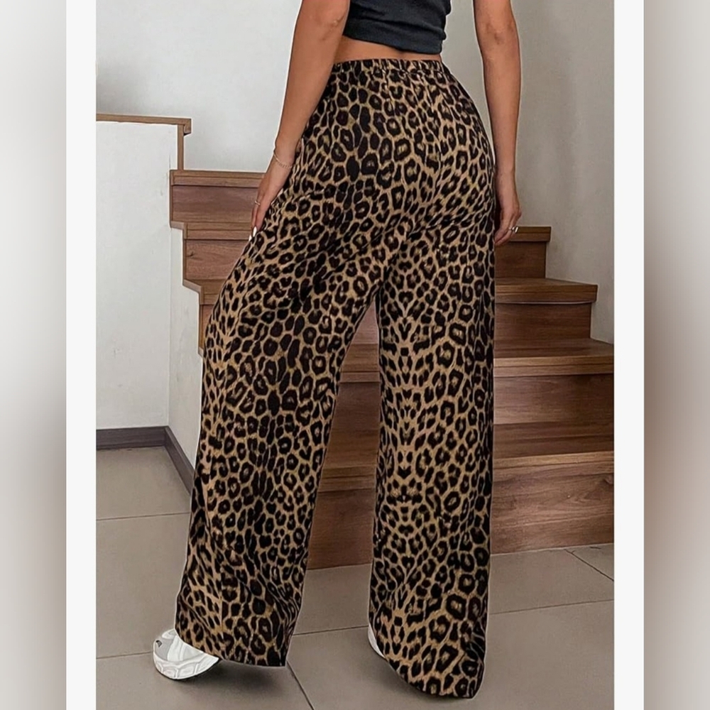 Stylish Leopard Print Wide-Leg Oversized Pants W Pockets & Adjustable Drawstring - Picture 6 of 13